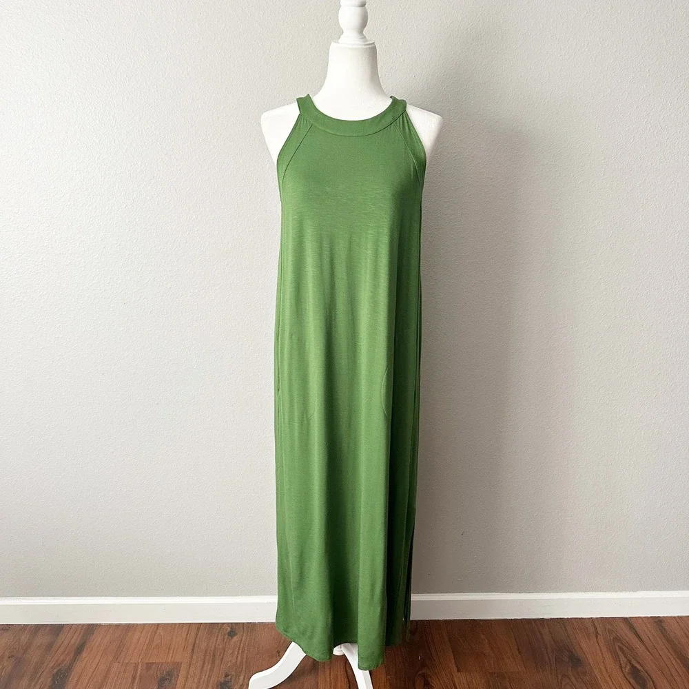 J. Jill Green Halter Maxi Dress Women's Size Small Sleeveless Side Slits - Picture 2 of 10